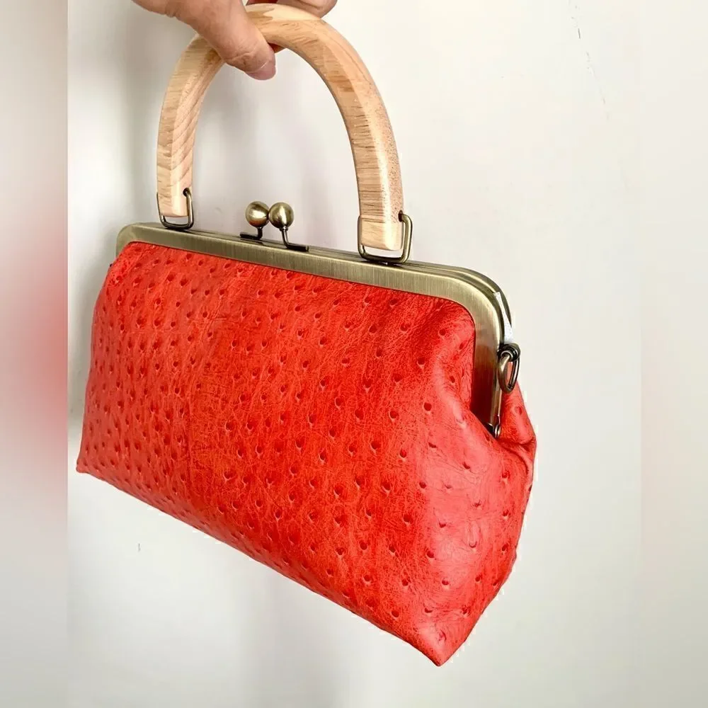 Handmade Genuine Ostrich Textured Cowhide, Wood Handle Kisslock Metal Frame Bag